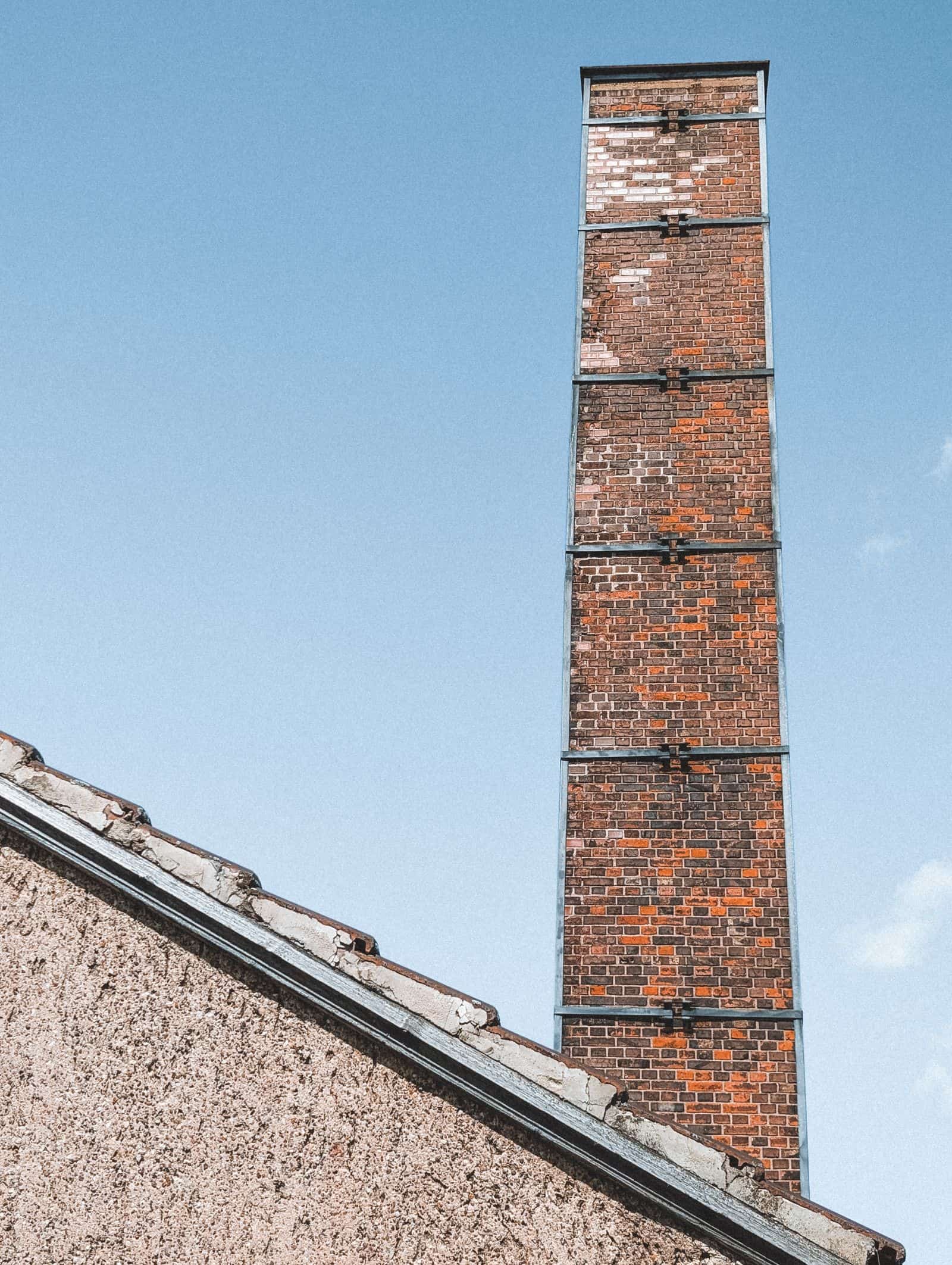 A tall rustic chimney standing above the roofline