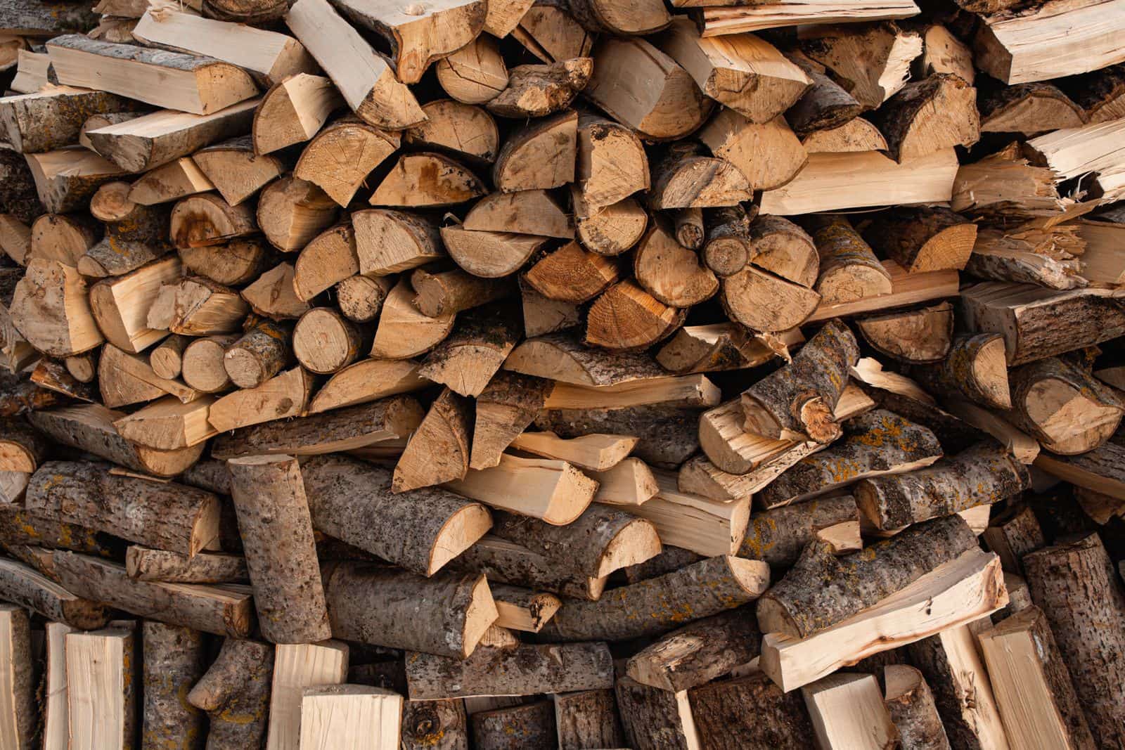 Split firewood stacked in a neat row to season