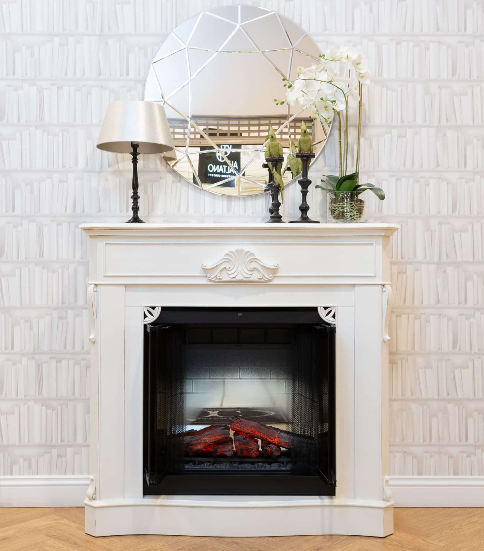 A white painted fireplace mantel