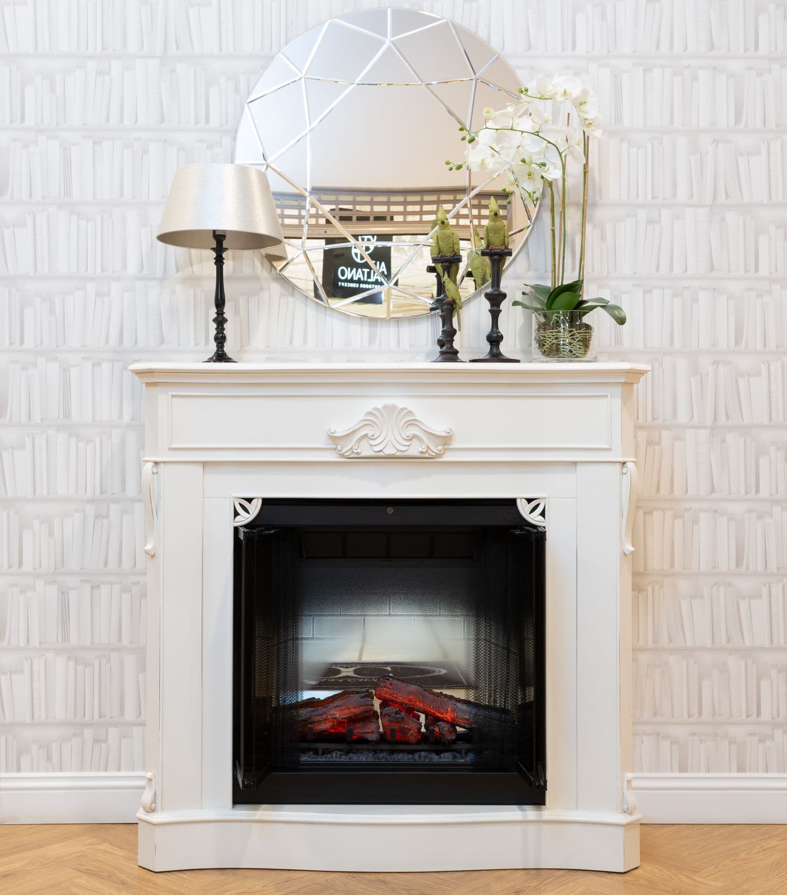 A white painted fireplace mantel